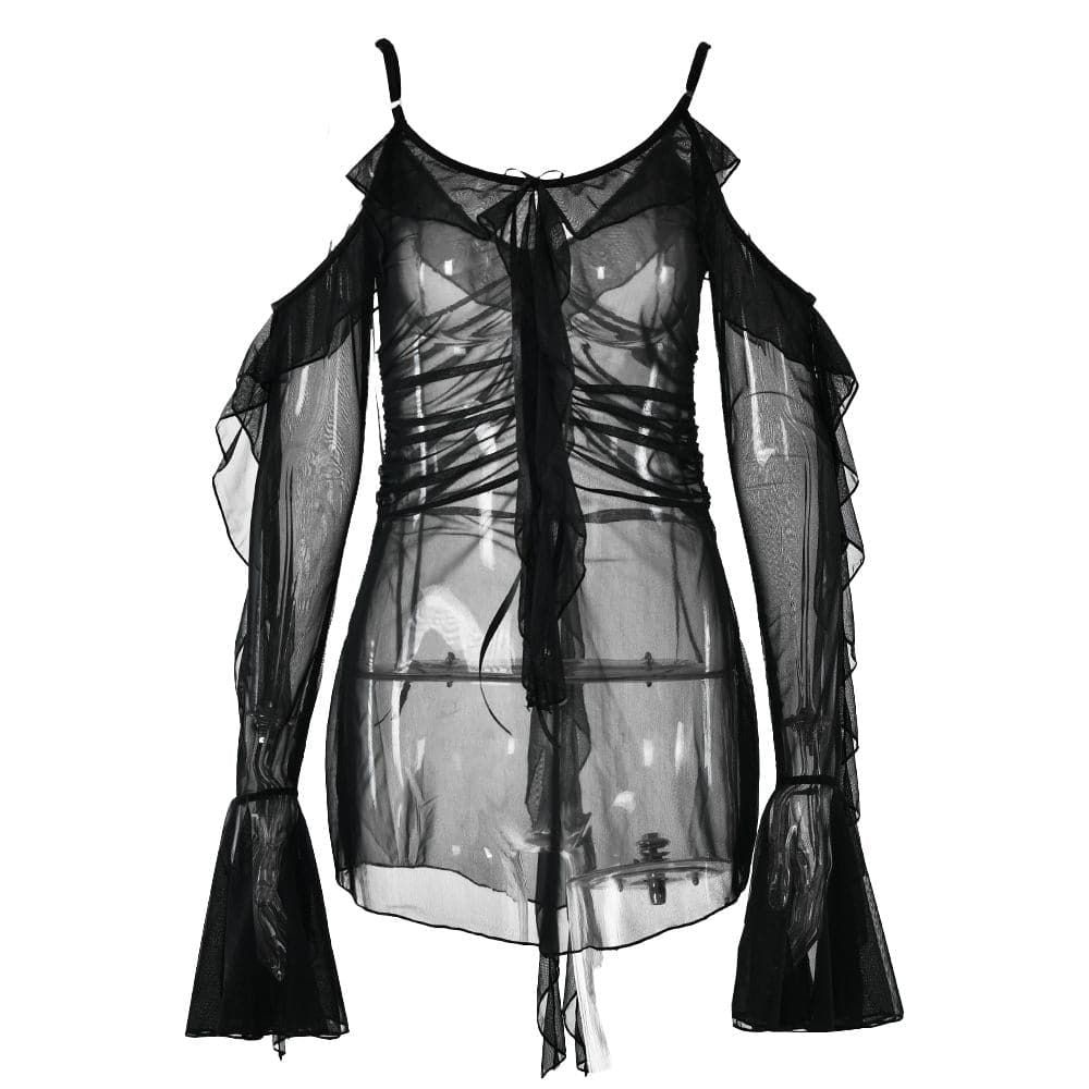 Long flared sleeve Off shoulder sheer mesh ruffle mini dress  | Festival Outfits Women