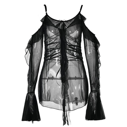Long flared sleeve Off shoulder sheer mesh ruffle mini dress  | Festival Outfits Women
