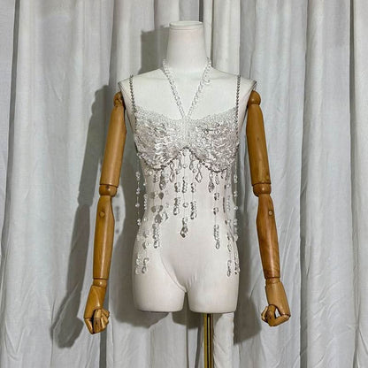Halter metal chain beaded tassels cami top  | Festival Outfits Women