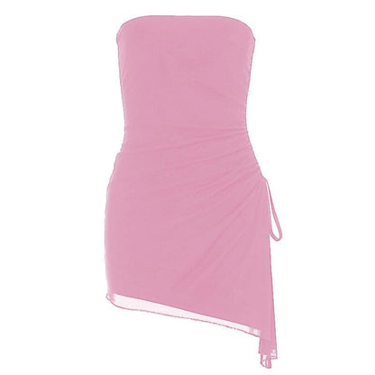 Drawstring ruched mesh irregular tube mini dress  | Festival Outfits Women
