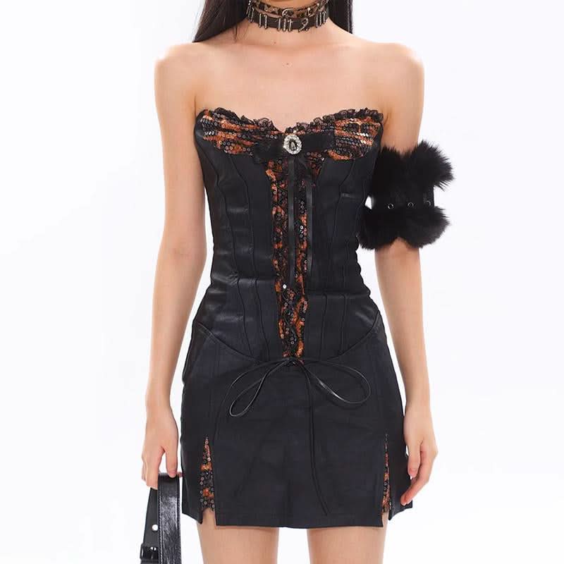 Ruffle slit PU leather lace up leopard print mini dress  | Festival Outfits Women  | Leopard Print Mini Dress