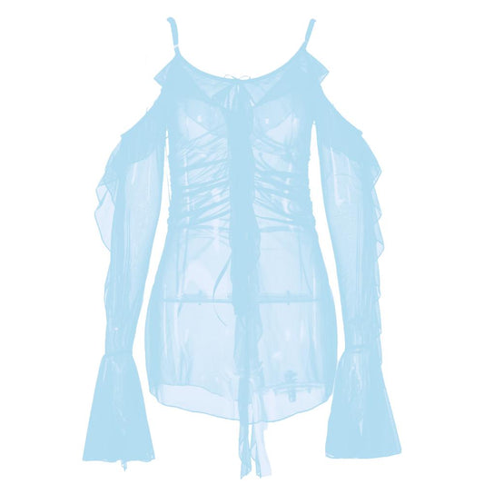 Long flared sleeve Off shoulder sheer mesh ruffle mini dress  | Festival Outfits Women