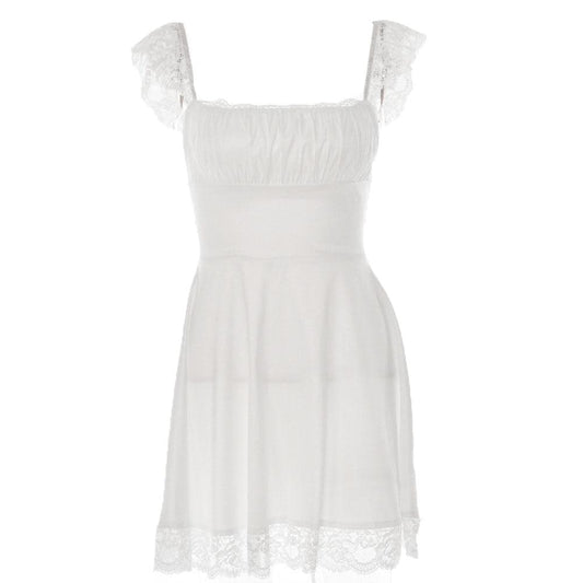 Lace hem solid cap sleeve zip-up ruched lace up mini dress