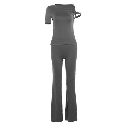 Short sleeve irregular crewneck solid pant set  | Festival Outfits Women
