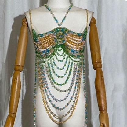 Metal chain halter beaded backless contrast top  | Festival Outfits Women