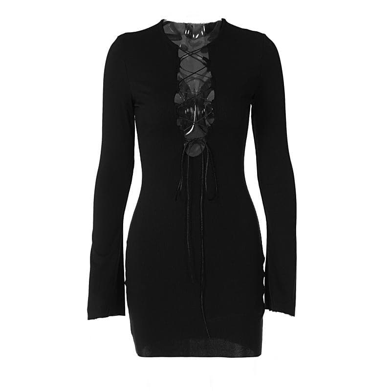 Lace up solid long sleeve ribbed self tie mini dress  | Festival Outfits Women