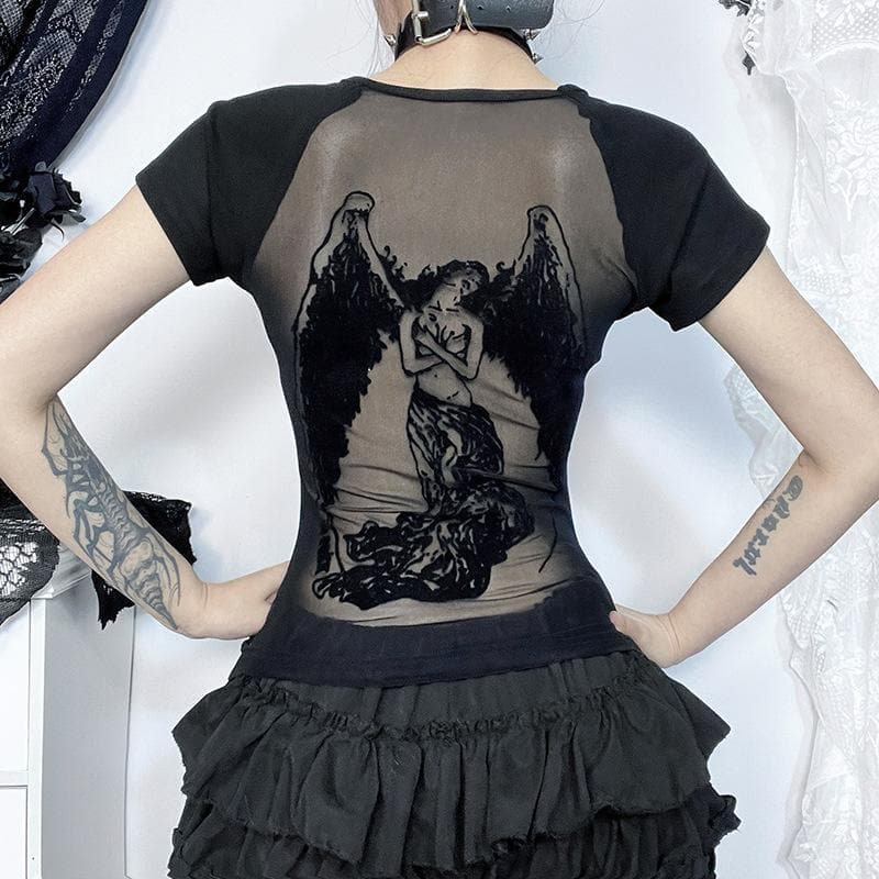 Short sleeve round neck print mesh top  | Festival Outfits Women