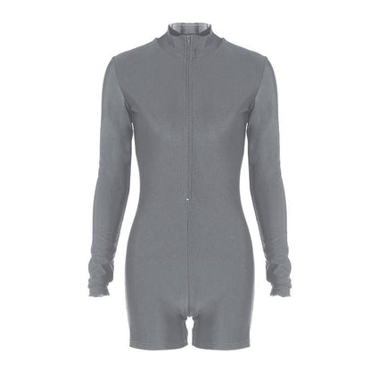 Zip-up solid long sleeve high neck romper  | Festival Outfits Women