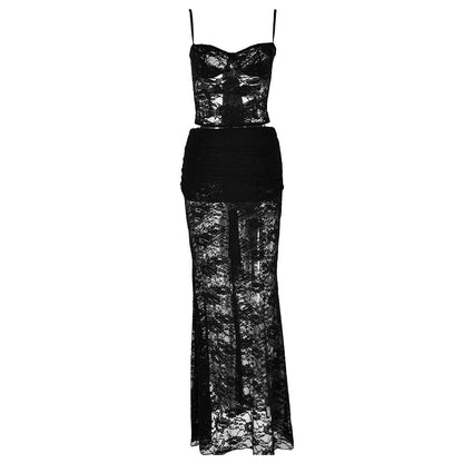 Sweetheart neck ruffle lace see through cami maxi skirt set  | Festival Outfits Women