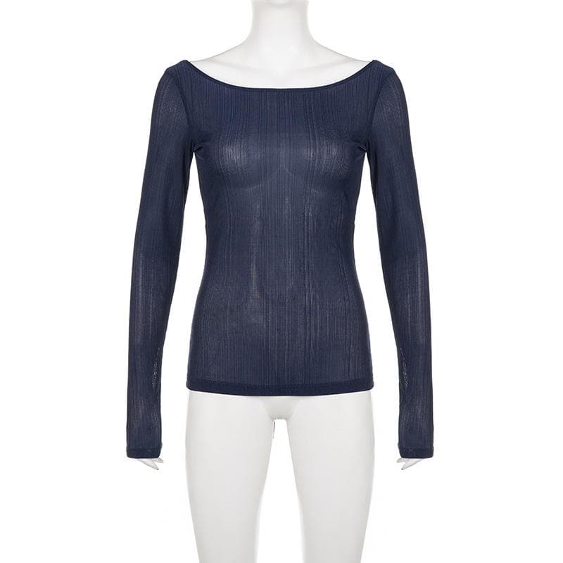Round neck hollow out backless long sleeve solid cut out top