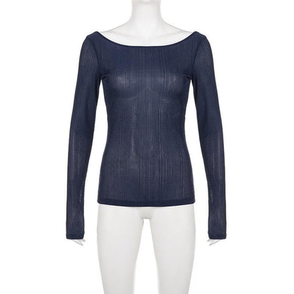 Round neck hollow out backless long sleeve solid cut out top