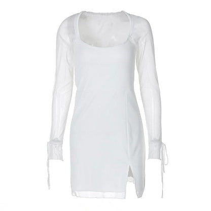 Long sleeve slit mesh square neck mini dress  | Festival Outfits Women