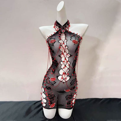 Hollow out fishnet see through lip print cut out mini dress  | Festival Outfits Women