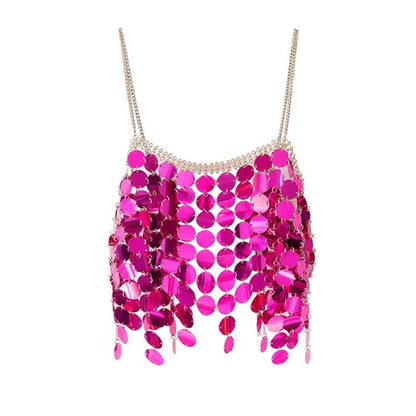 Metal chain glitter v neck hollow out cami cut out top  | Festival Outfits Women
