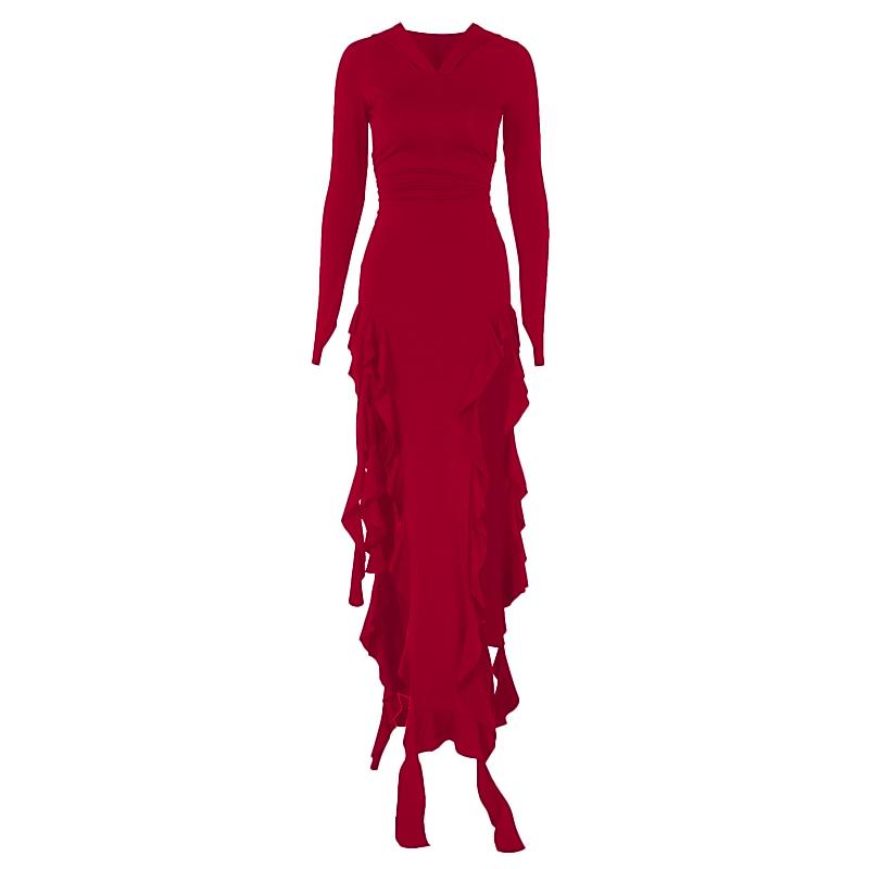 Long sleeve hoodie gloves ruffle maxi dress  | Festival Outfits Women