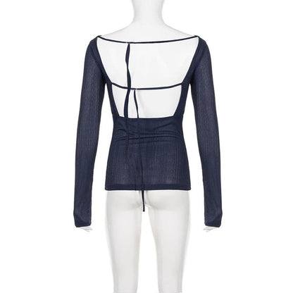 Round neck hollow out backless long sleeve solid cut out top