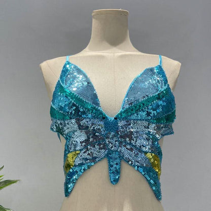 Deep V neck glitter cross back self tie cami top  | Festival Outfits Women