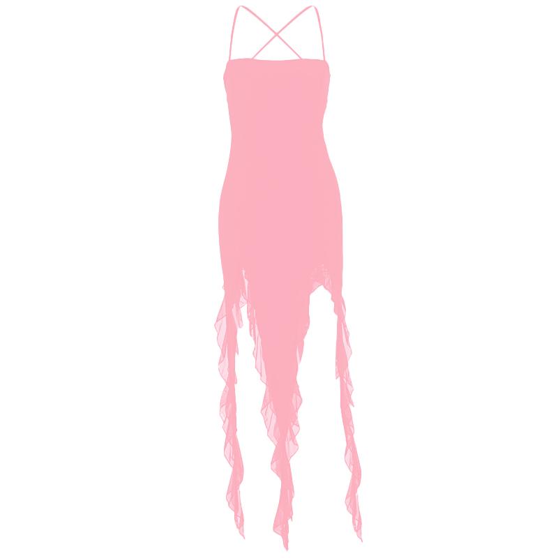 Ruffle cross back solid lace up cami maxi dress  | Festival Outfits Women