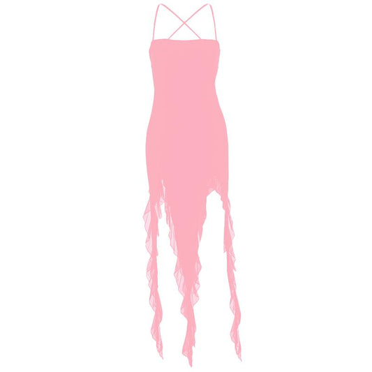 Ruffle cross back solid lace up cami maxi dress  | Festival Outfits Women