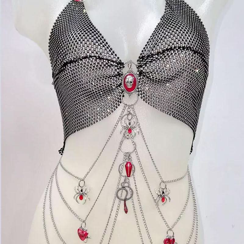 Metal chain o ring v neck beaded skull applique top  | Festival Outfits Women