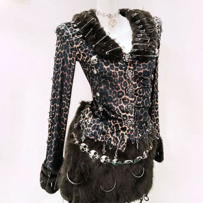 Leopard print long sleeve fluffy skull applique mini skirt set  | Festival Outfits Women  | Leopard Print Mini Dress