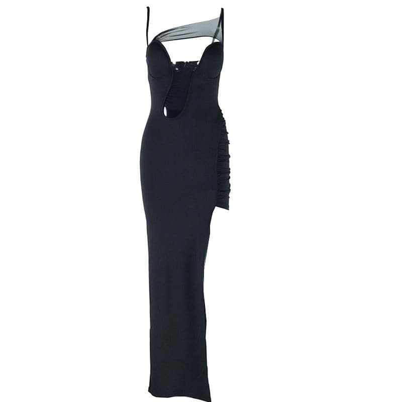 Irregular high slit ruched mesh hollow out cami cut out maxi dress  | Festival Outfits Women