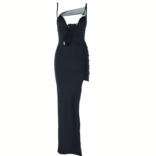 Irregular high slit ruched mesh hollow out cami cut out maxi dress  | Festival Outfits Women