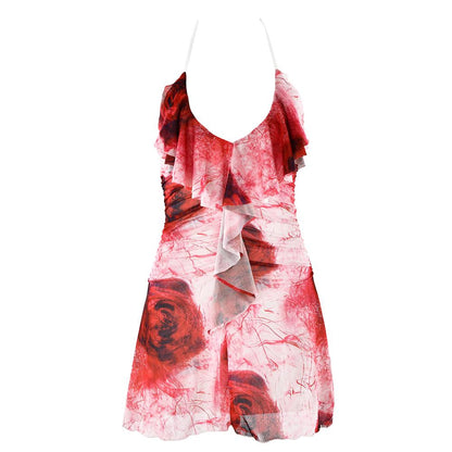 Halter ruffle rose print ruched backless cami mini dress  | Festival Outfits Women
