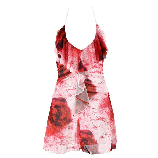 Halter ruffle rose print ruched backless cami mini dress  | Festival Outfits Women