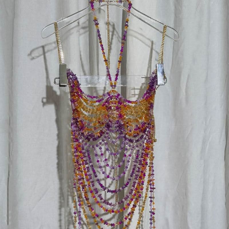 Metal chain halter beaded backless contrast top  | Festival Outfits Women