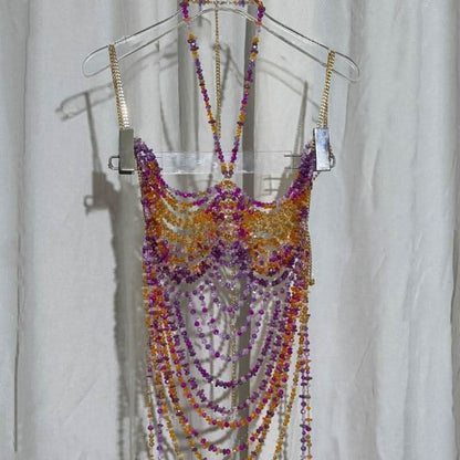 Metal chain halter beaded backless contrast top  | Festival Outfits Women