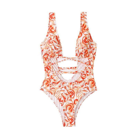 Low cut contrast print self tie hollow out one piece swimwear