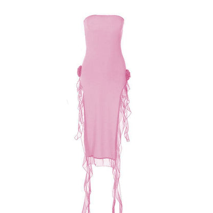 Flower applique solid backless ribbon slit tube maxi dress