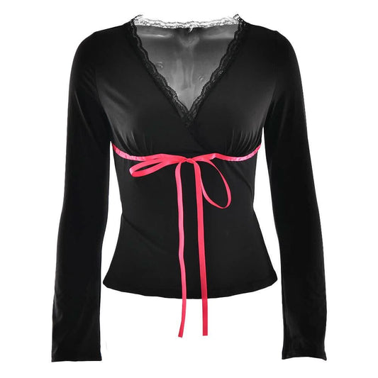 Lace hem long sleeve v neck ribbon ruched top  | Festival Outfits Women