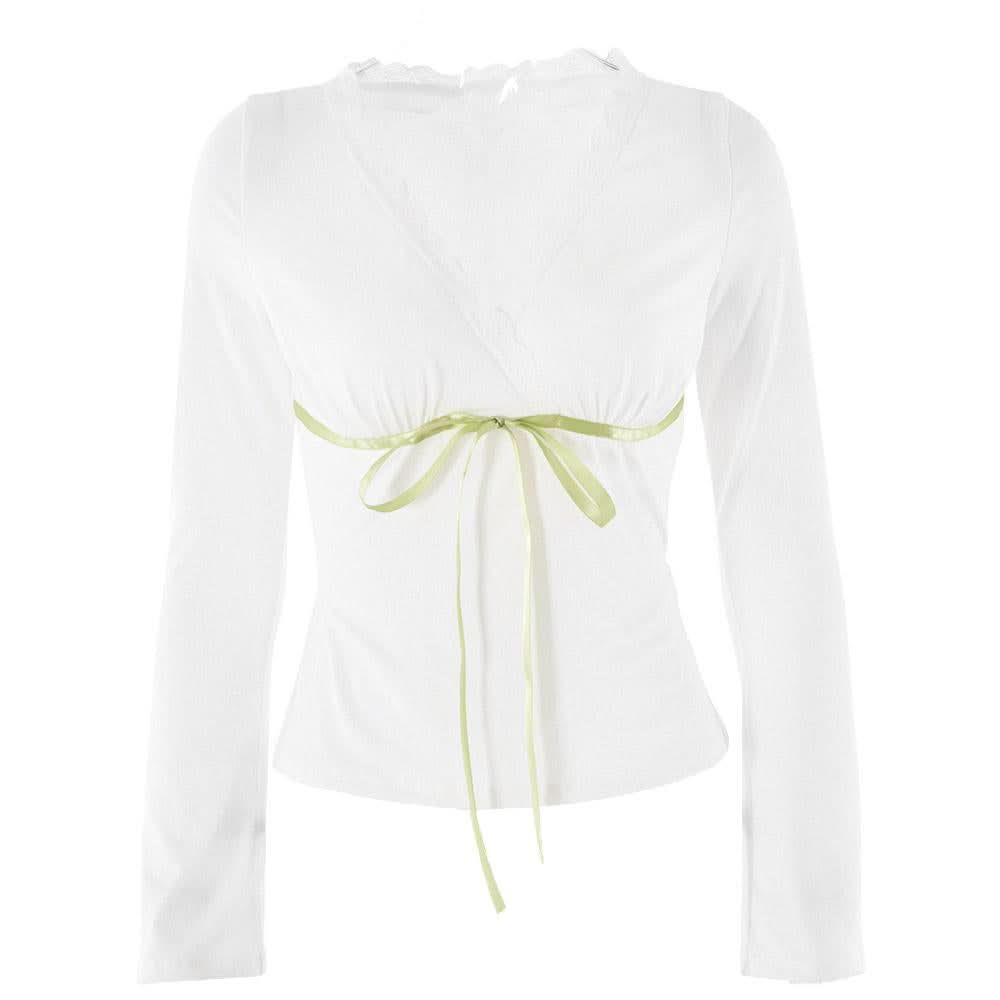 Lace hem long sleeve v neck ribbon ruched top  | Festival Outfits Women