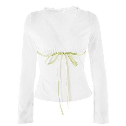Lace hem long sleeve v neck ribbon ruched top  | Festival Outfits Women