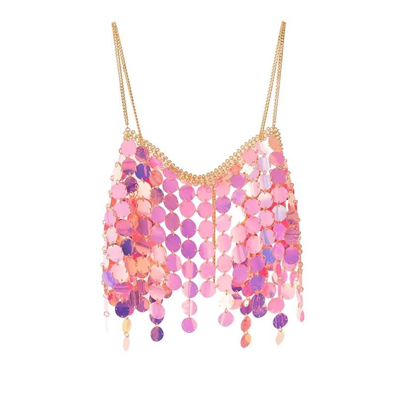 Metal chain glitter v neck hollow out cami cut out top  | Festival Outfits Women