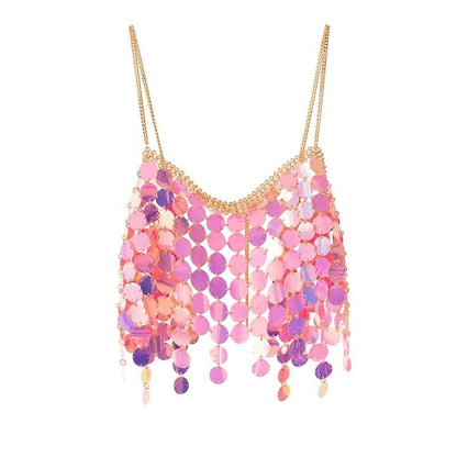 Metal chain glitter v neck hollow out cami cut out top  | Festival Outfits Women