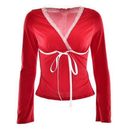 Lace hem long sleeve v neck ribbon ruched top  | Festival Outfits Women