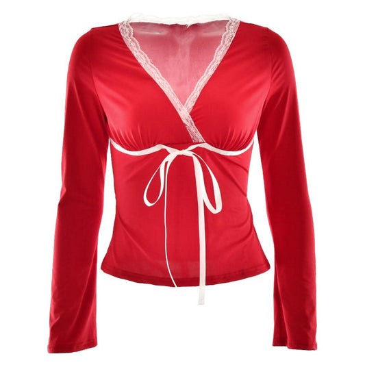 Lace hem long sleeve v neck ribbon ruched top  | Festival Outfits Women