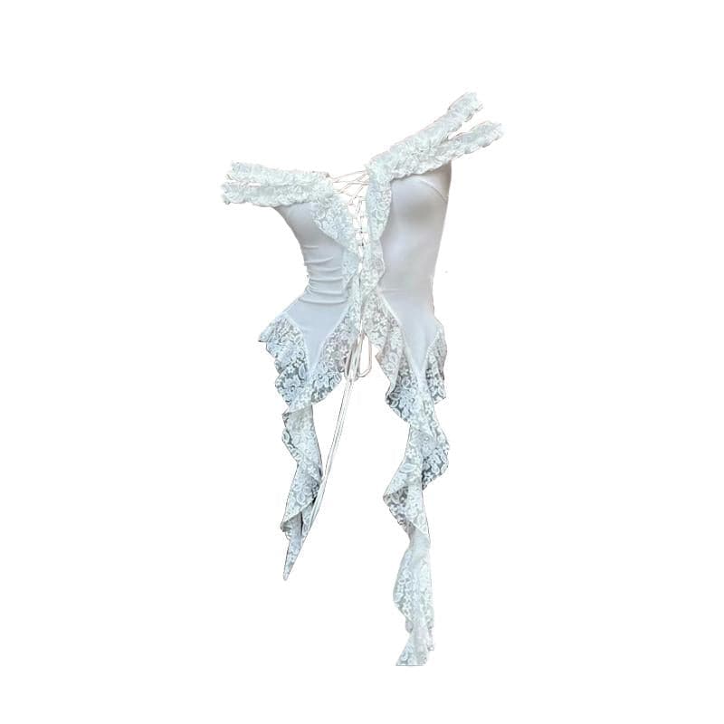 Off shoulder lace up ruffle lace hem top  | Festival Outfits Women