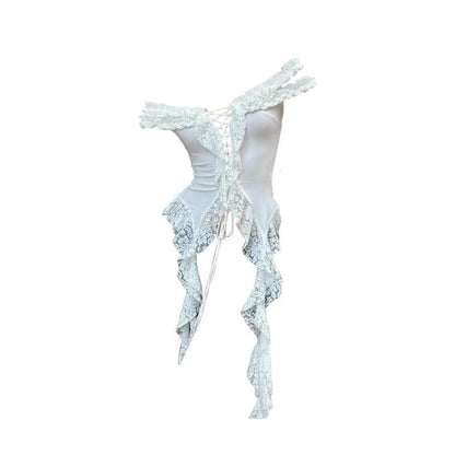 Off shoulder lace up ruffle lace hem top  | Festival Outfits Women