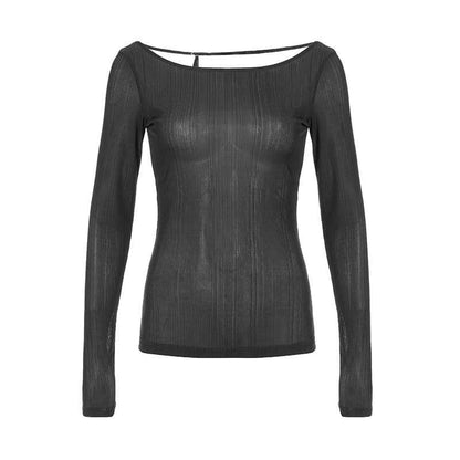 Round neck hollow out backless long sleeve solid cut out top