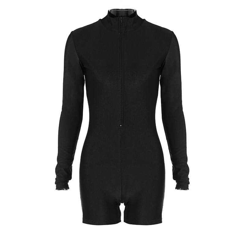 Zip-up solid long sleeve high neck romper  | Festival Outfits Women