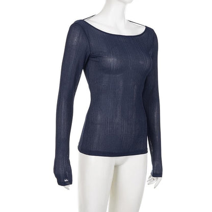 Round neck hollow out backless long sleeve solid cut out top