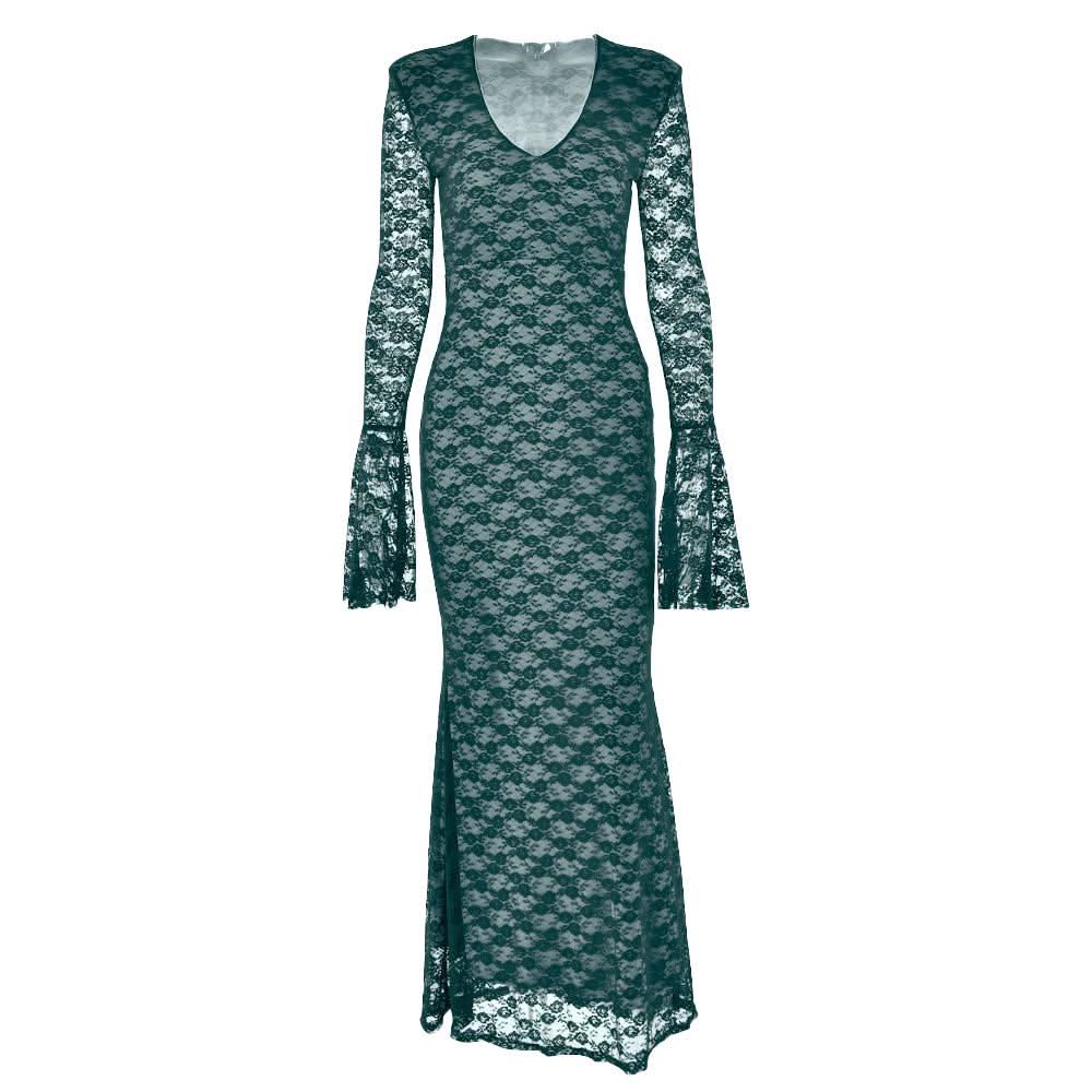 Long flared sleeve lace v neck patchwork maxi dress  | Festival Outfits Women