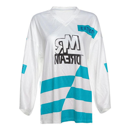 Long sleeve v neck letter print contrast top  | Festival Outfits Women
