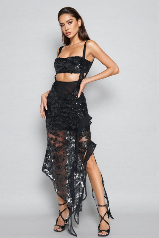 Iris Ruffle Sequin Mesh Midi Dress