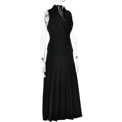 Sleeveless turnover collar button pleated maxi skirt set  | Festival Outfits Women