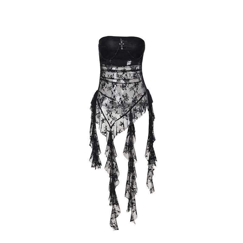 Lace cross applique irregular tube mini dress  | Festival Outfits Women